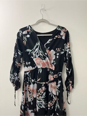 Black Floral Wrap Midi Dress with Pink Blossoms